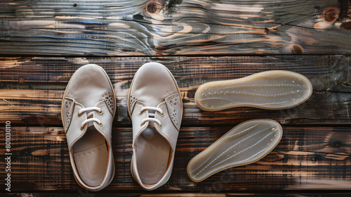 Pair of female shoes and orthopedic insoles on wooden table 