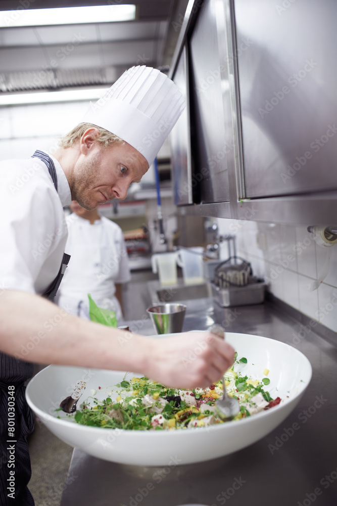 Professional, chef and man working with food, restaurant and cooking staff for gourmet meal prep. Serious, catering and culinary presentation for fine dining, nutrition and hospitality industry Professional, chef and man working with food, restaurant and cooking staff for gourmet meal prep. Serious, catering and culinary presentation for fine dining, nutrition and hospitality industry