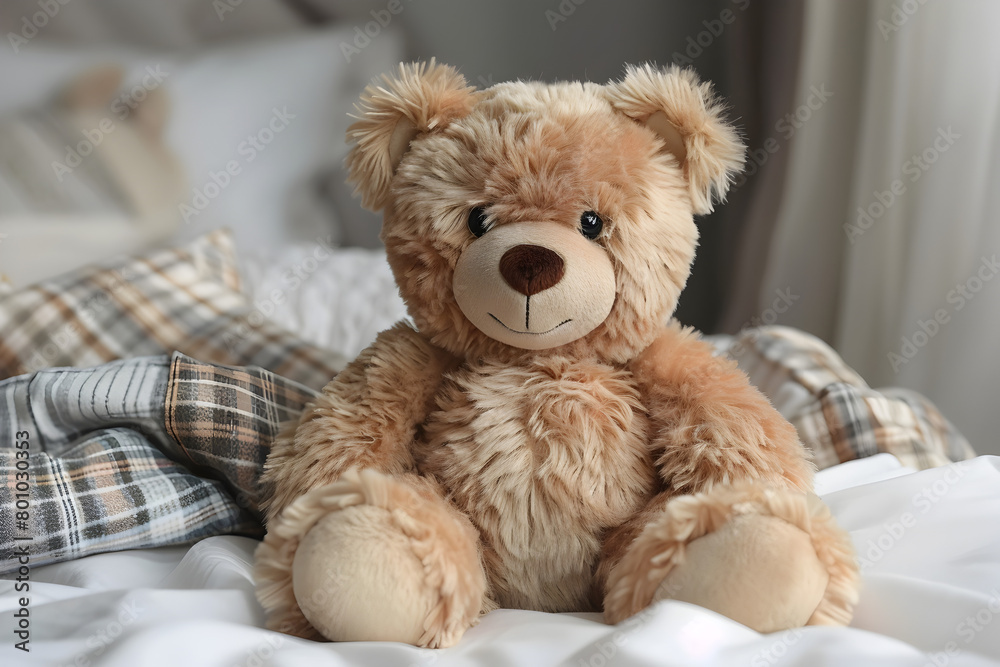 Cuddly Brown Teddy Bear Resting on a Bed with Plaid Blankets Cuddly Brown Teddy Bear Resting on a Bed with Plaid Blankets