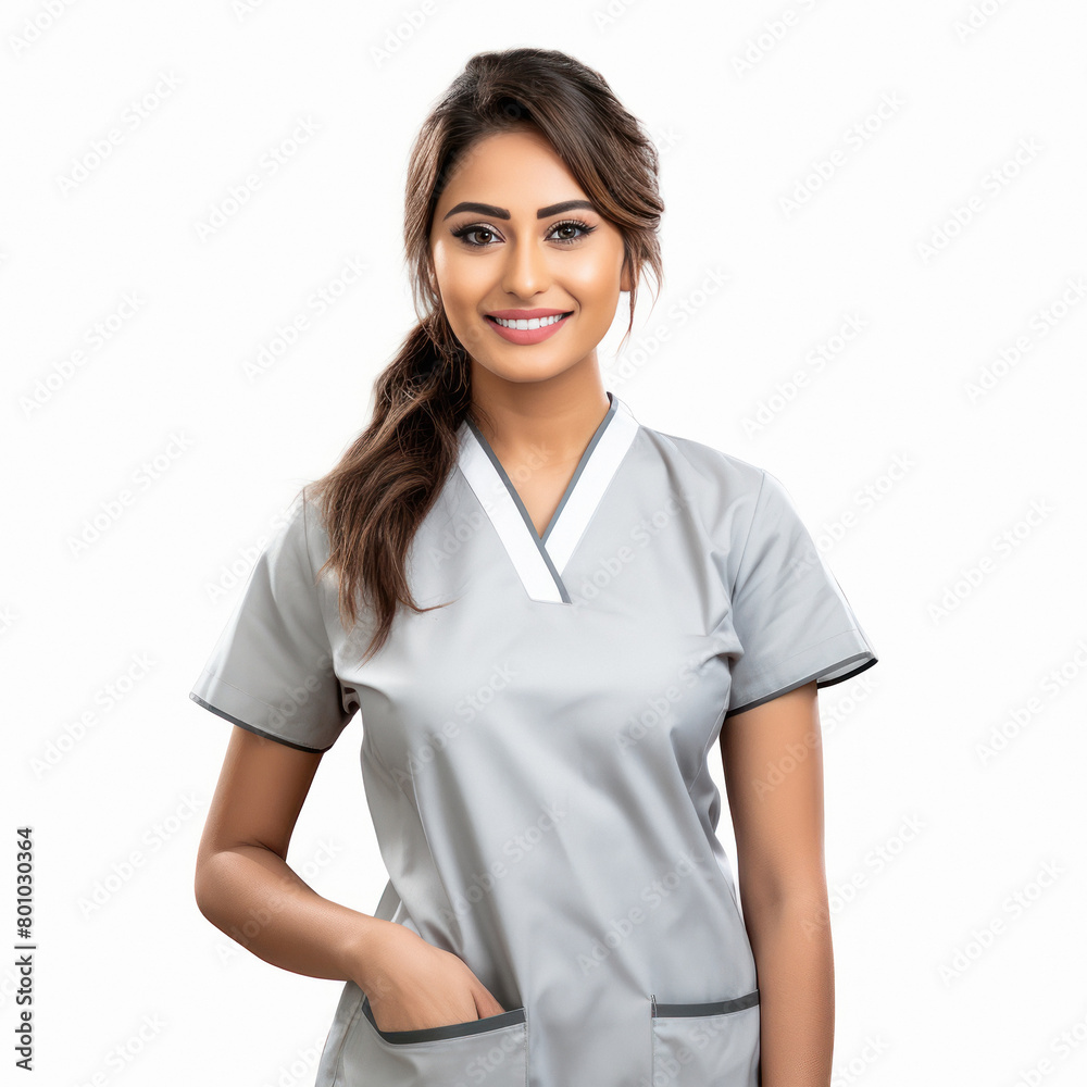 Young indian female dentist standing on white background Young indian female dentist standing on white background