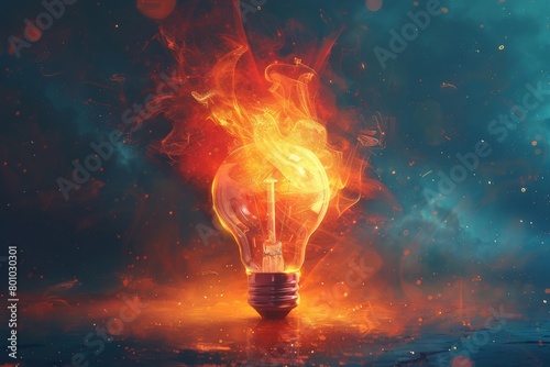 Incandescent Light Bulb Exploding with Fire. A digitally enhanced image of a light bulb bursting with flames, representing intense energy and power.