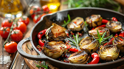 Pan with tasty grilled artichokes and vegetables 