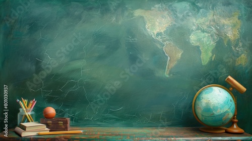 school desk with green chalkboard background © wanna