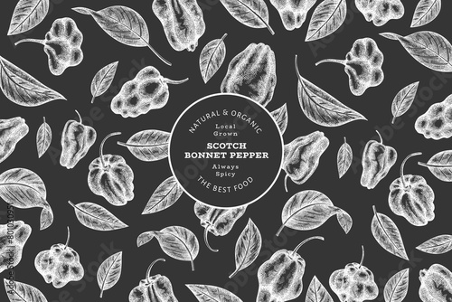 Hand drawn sketch style scotch bonnet pepper banner. Organic fresh vegetable vector illustration on chalk board. Retro cayenne pepper design template