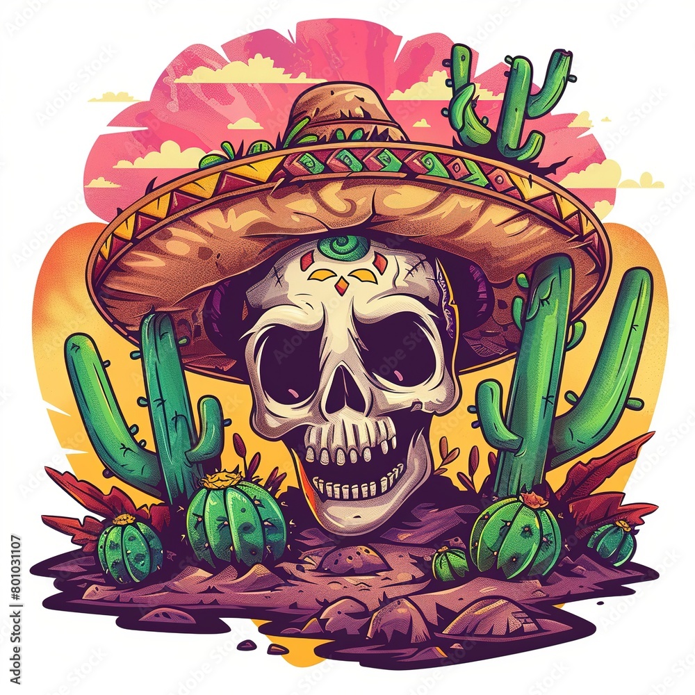 Cinco de Mayo, with heerful decorated skull in sombrero Mexican cactus and party sombrero hat, Mexico Fiesta. Ai Generated Cinco de Mayo, with heerful decorated skull in sombrero Mexican cactus and party sombrero hat, Mexico Fiesta. Ai Generated