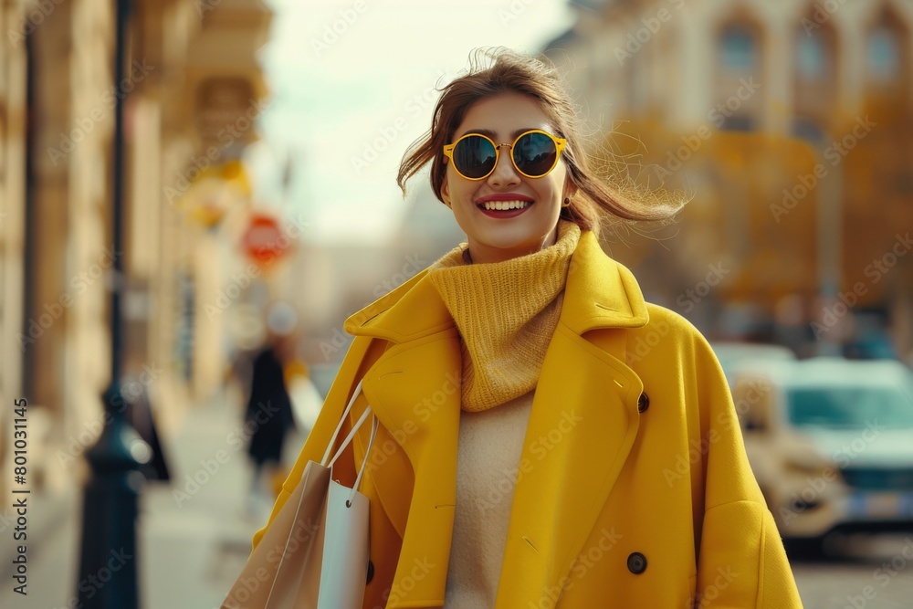 Obraz premium a woman in a yellow coat walks through the city