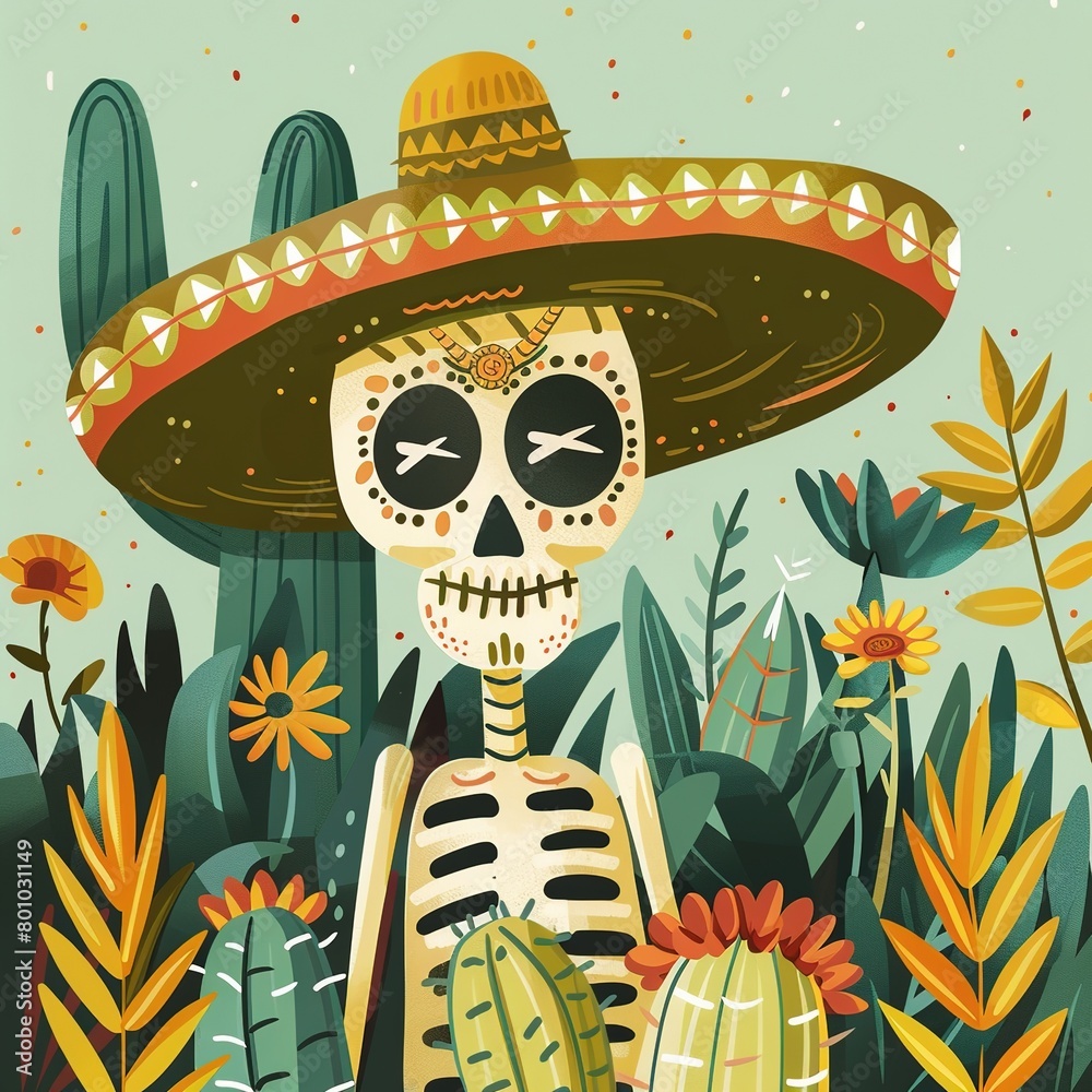 Cinco de Mayo, with heerful decorated skull in sombrero Mexican cactus and party sombrero hat, Mexico Fiesta. Ai Generated