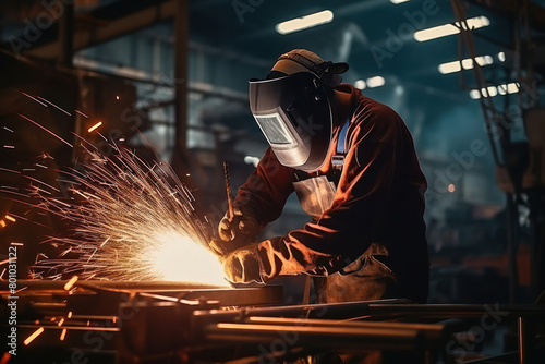 Welder working at factory wearing protective helmet