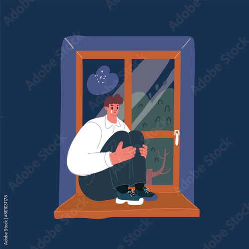 Cartoon vector illustration of man sitting on he window. Lonely man sitting at home near window. Thoughtful man