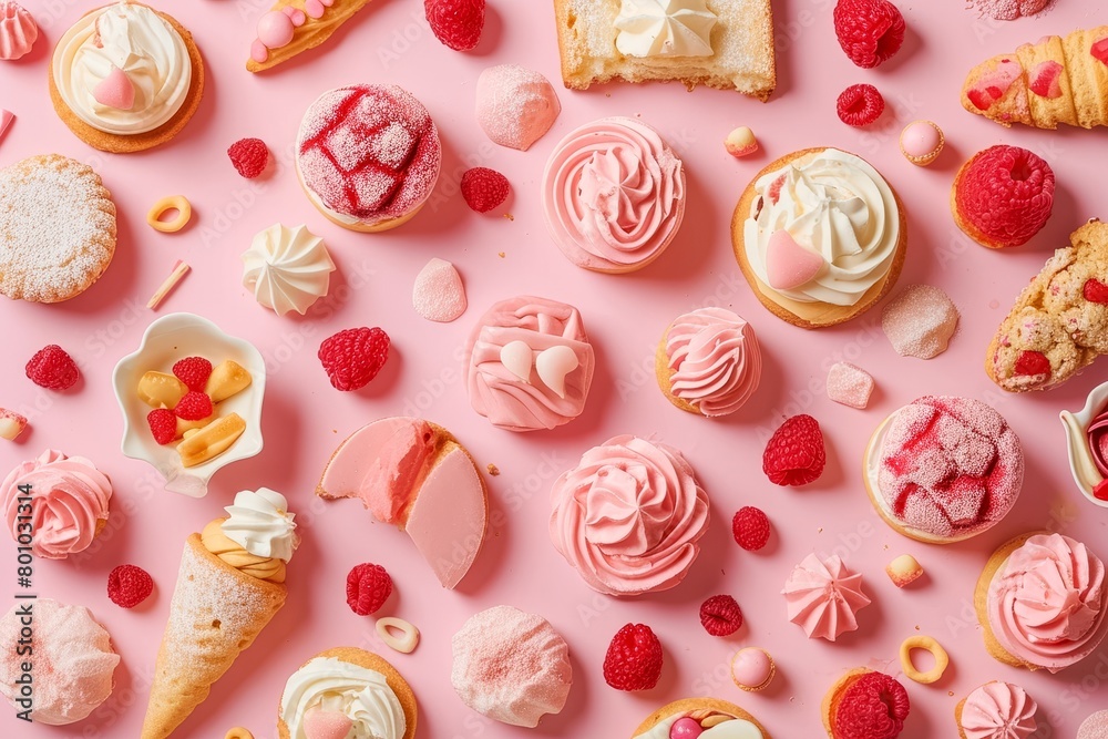 Tasty colorful donuts and sweet cookies blowing in the air on pink background.
