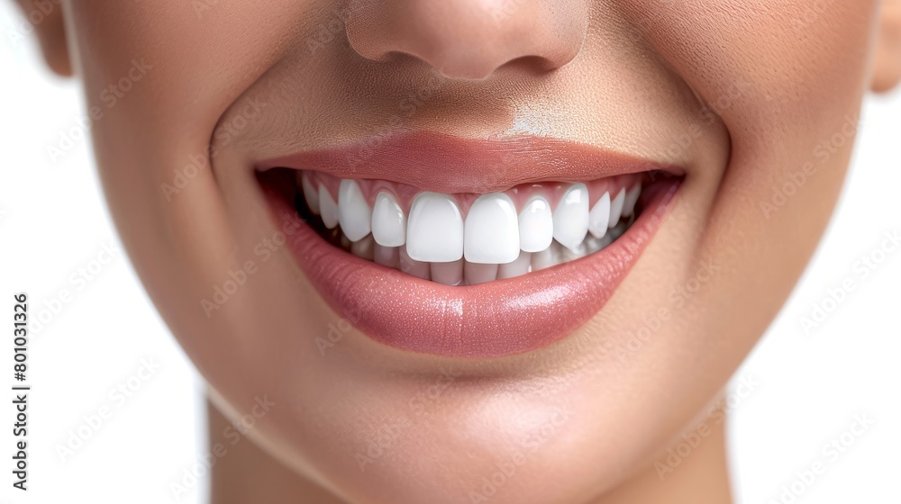 Obraz premium Perfect healthy teeth smile of a woman isolated on a white background.