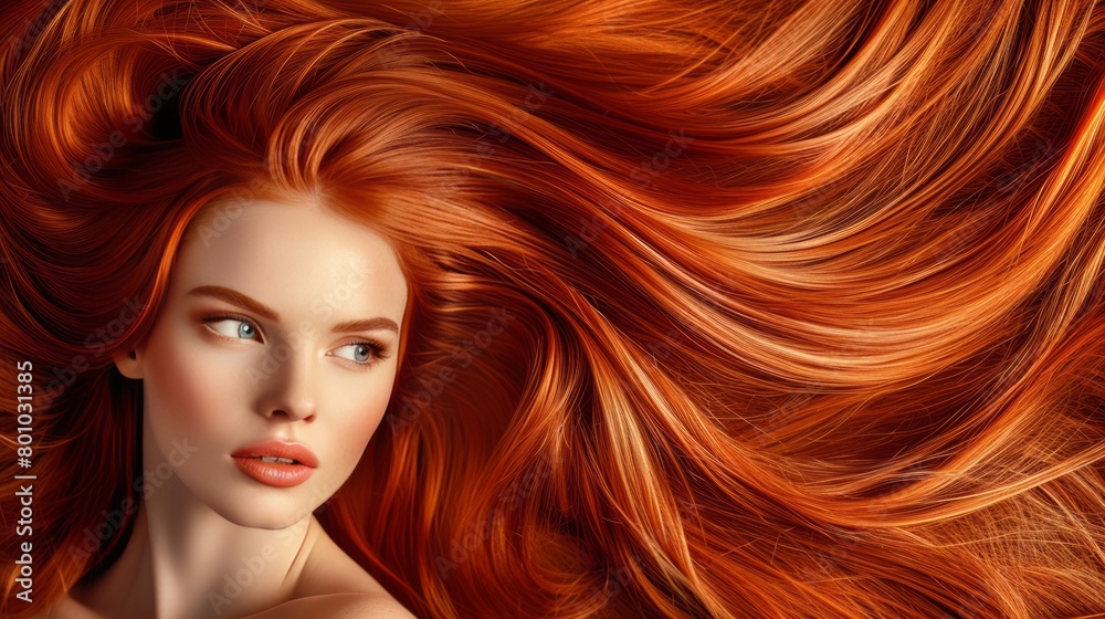 Naklejka premium A portrait of a beautiful woman with long wavy red hair.