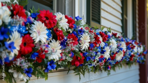 Patriotic Flower Boxes Adorning a Home during a National Holiday