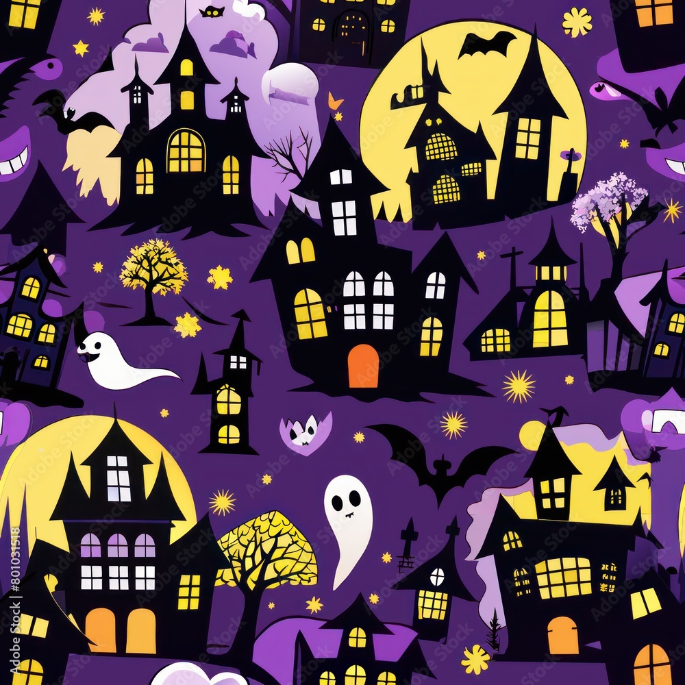 Seamless pattern of spooky haunted houses with ghosts and bats, Generative AI