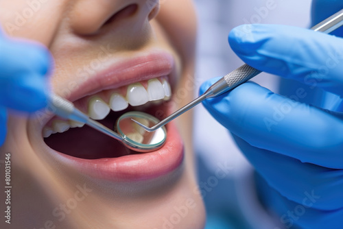 Close up of young female having her teeth examined