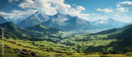 Mountain landscape in the Alps. Panoramic view of the mountain range. Mountain Valley Panorama