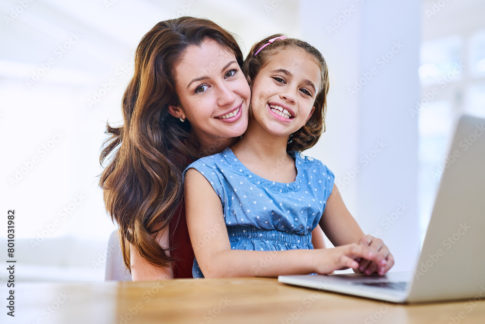 Mother, girl and laptop in portrait at table, online class and remote learning or education in home. Daughter, mama and streaming media or app for development, bonding and support in childhood Mother, girl and laptop in portrait at table, online class and remote learning or education in home. Daughter, mama and streaming media or app for development, bonding and support in childhood
