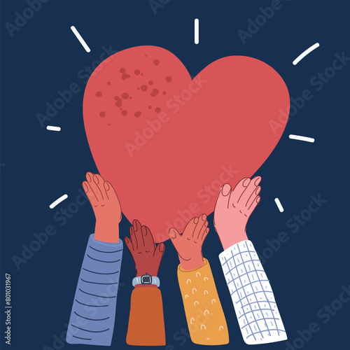 Cartoon vector illustration of human hands holding red heart, health insurance, organ donation, happy volunteer charity, CSR social responsibility,world heart day, world health day.