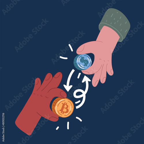 Cartoon vector illustration of Bitcoin gold coin and dollar cent coin. Virtual cryptocurrency concept. Exchange process P2P