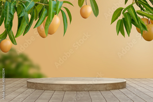 Mango on tree with wooden podium and pastel color background