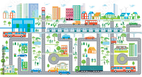 Stadtübersicht mit Verkehr und Häusern, Information illustration © scusi