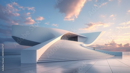 A Modern Building With A Curved Staircase And The Ocean View In The Background.