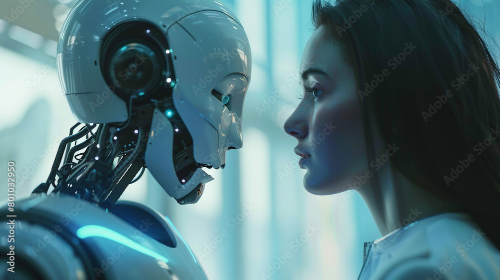 Fototapeta premium AI Robot and Human Woman in Love