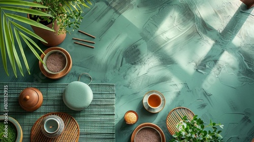 A beautiful sage green background with a variety of natural elements, including plants, teacups, and incense photo