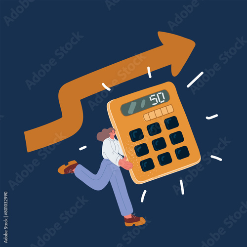 Cartoon vector illustration of Woman calculating the cost. Increase arrow up. Woman with calculator