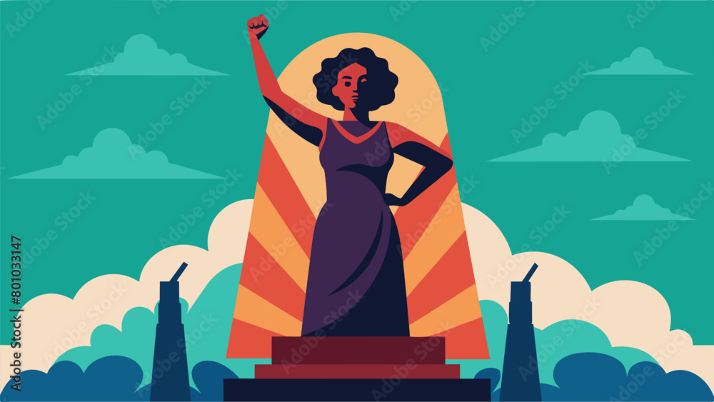 A striking sculpture of a woman raising her fist in triumph is unveiled honoring the resilience and strength of the Black community in their struggle. Vector illustration