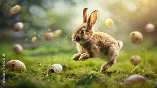 Happy Easter celebration with running bunny and flying eggs