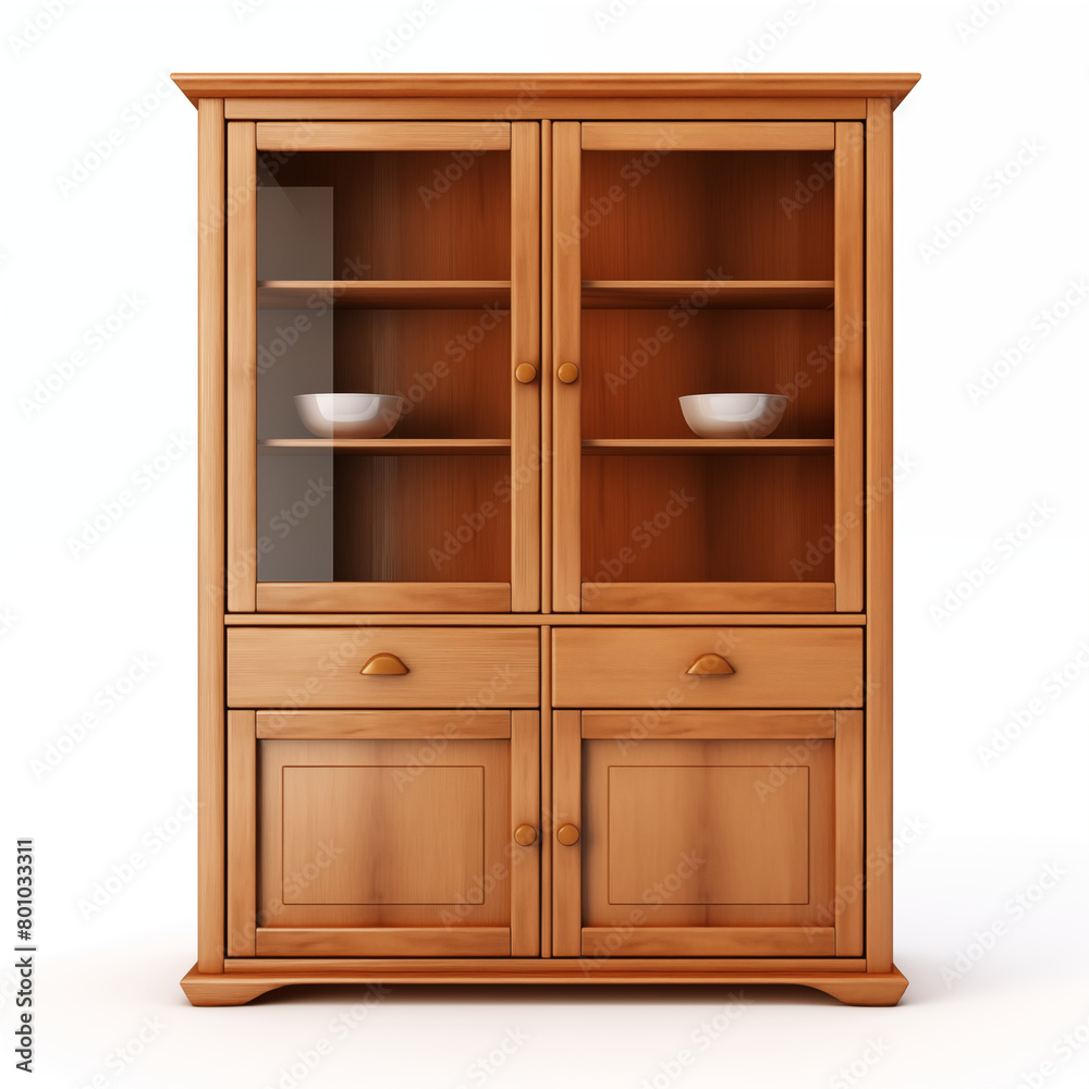 3D rendering of a wooden cupboard with glass doors and drawers isolated on a white background