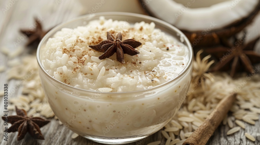 Homemade Coconut Milk Rice Pudding with Spices on Wooden Table Homemade Coconut Milk Rice Pudding with Spices on Wooden Table