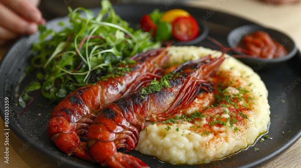 Delicious grilled prawns and creamy risotto, topped with fresh herbs and served with a side salad
