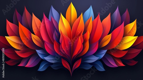An abstract floral design with a gradient of bright, warm colors. The petals are overlapping and have a 3D appearance. The background is a dark blue. photo