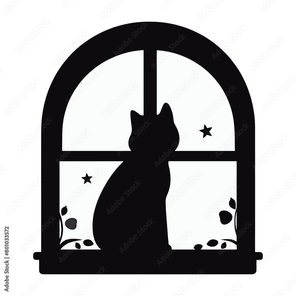 Black Silhouette of a Cat Sitting in an Arched Window Frame with Stars and Leaves, Night Scene Illustration Black Silhouette of a Cat Sitting in an Arched Window Frame with Stars and Leaves, Night Scene Illustration