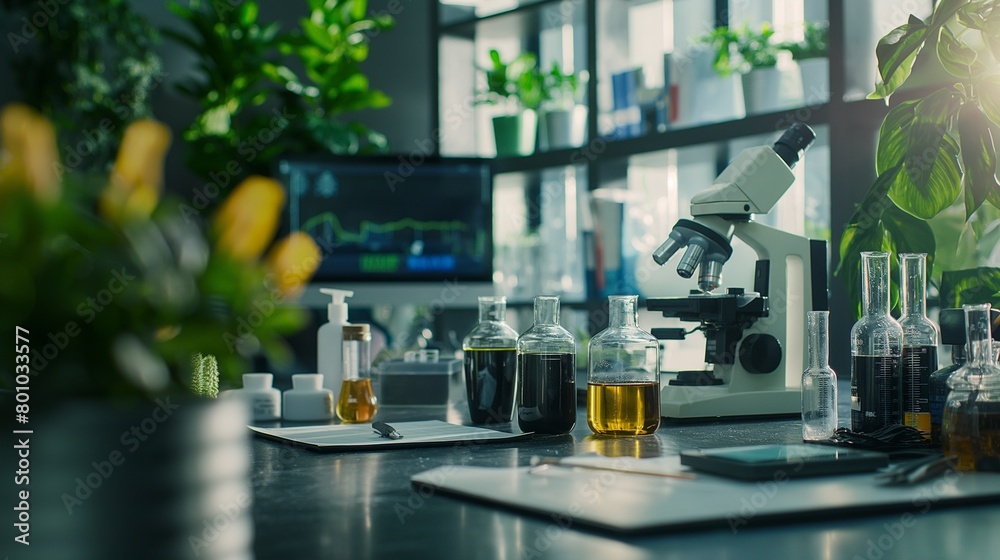 The Flasks And Test Tubes Filled With A Chemical Solution In A Science Laboratory. The Flasks And Test Tubes Filled With A Chemical Solution In A Science Laboratory.