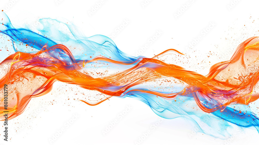 Dynamic orange neon lightning streaks amidst vibrant blue wave patterns, isolated on a solid white background.