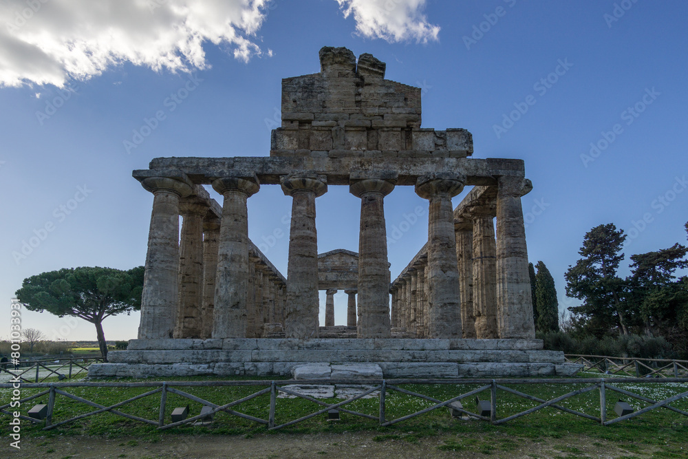 Naklejka premium Temple of Athena also known as Temple of Ceres at famous Paestum Archaeological UNESCO World Heritage Site, Province of Salerno, Campania, Italy