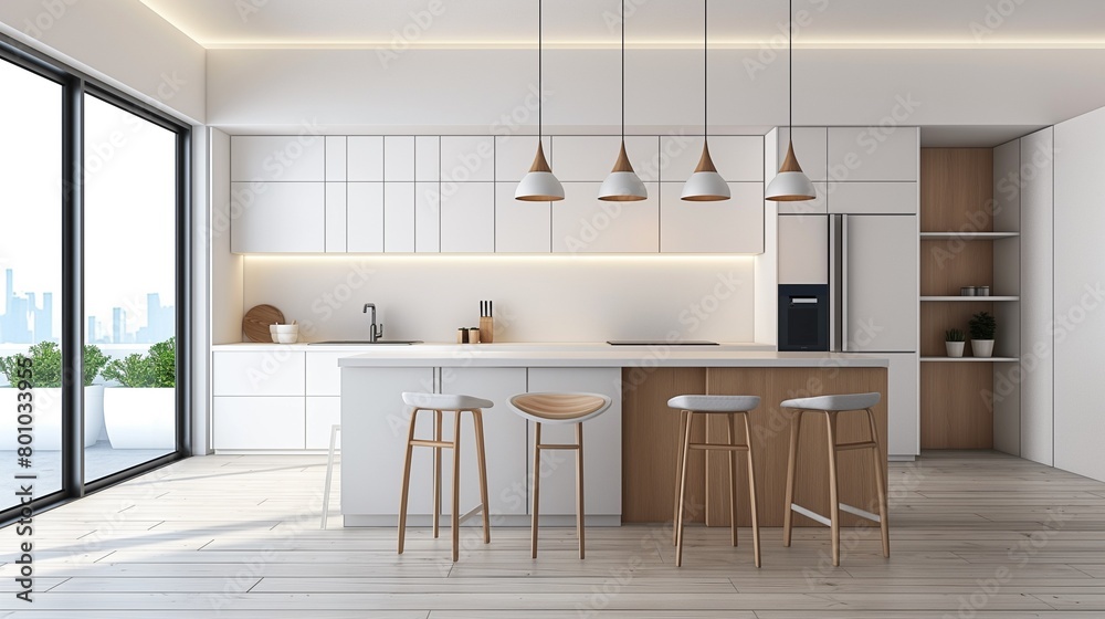 A Modern Kitchen With A Counter, Dining Chairs, And Sliding Glass Doors. A Modern Kitchen With A Counter, Dining Chairs, And Sliding Glass Doors.