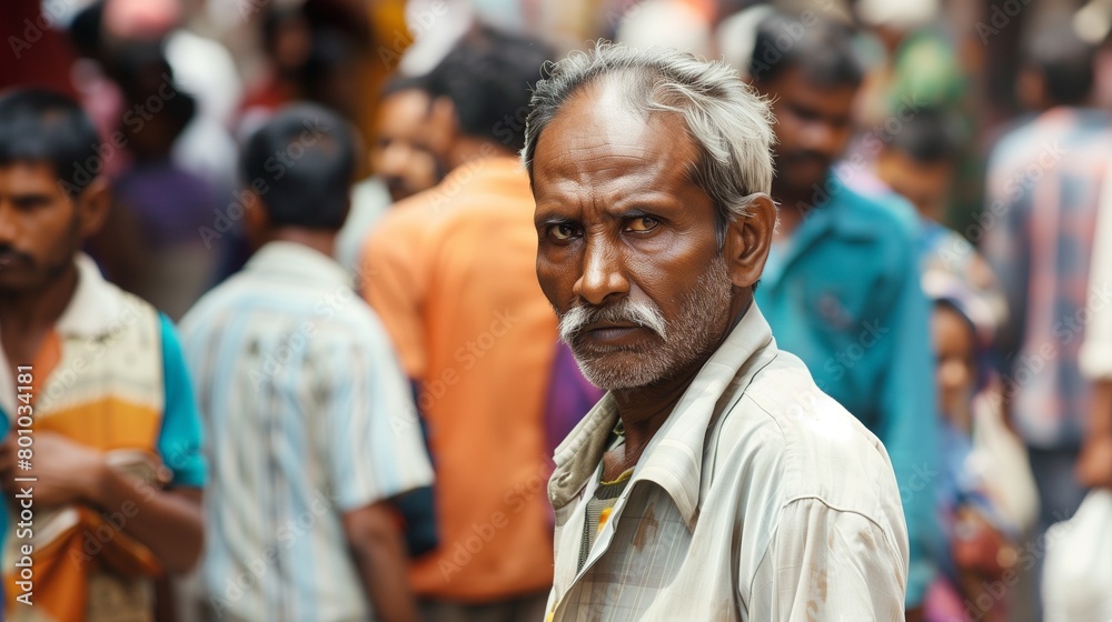 An elderly man with a serious expression stands out in a crowded street scene, surrounded by a blur of people in colorful attire.