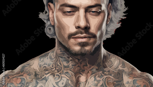 Portrait eines jungen Mannes mit sehr aufwendigem Tattoo im Gesicht. Vektor - Poster