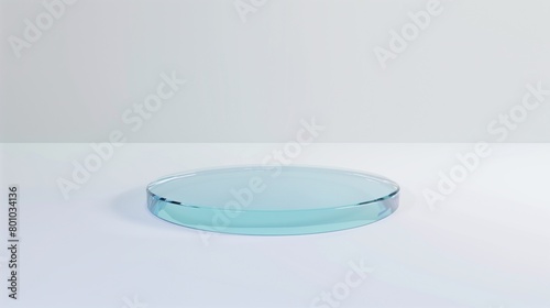 Minimalist design of a translucent blue glass plate on a white background  ideal for presentations and product showcases.