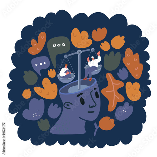Cartoon vector illustration of scales in head. Decision making concept. Choosing of challengers
