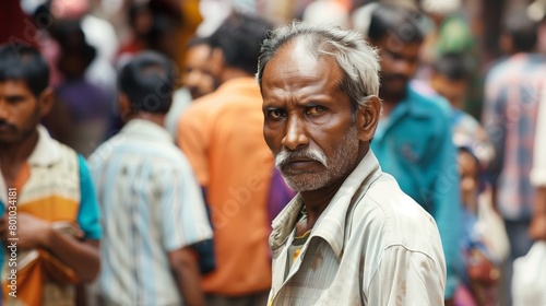 An elderly man with a serious expression stands out in a crowded street scene, surrounded by a blur of people in colorful attire.