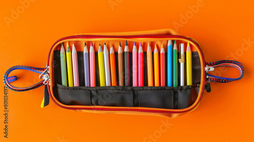 Pencil case with different stationery on orange background photo
