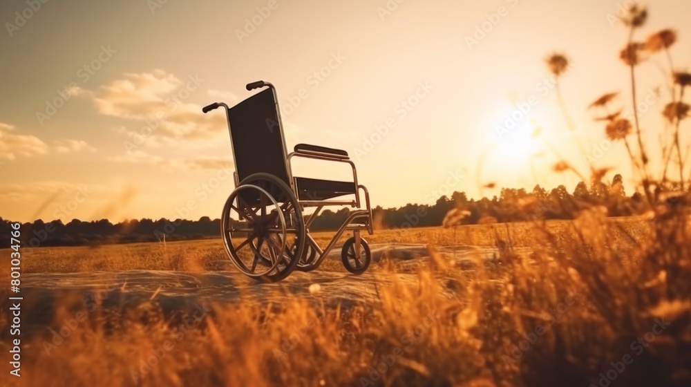Wheelchair in a meadow at sunset.AI generated image