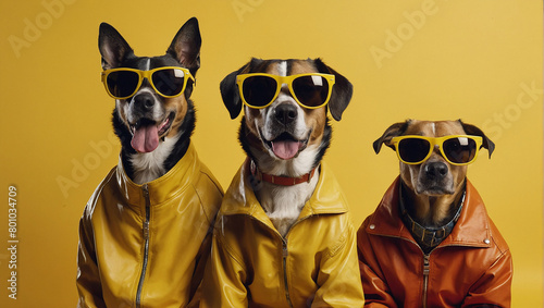 Three dogs wearing yellow jackets and sunglasses are posing in front of a yellow background.   © ateeq