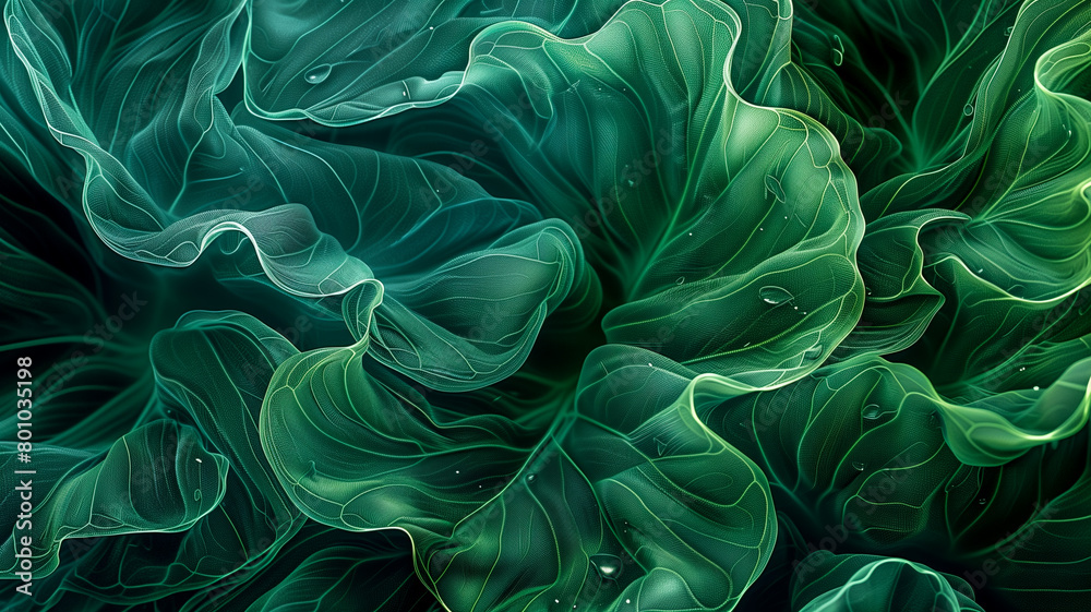 Ethereal digital art of glowing green leaves in a macro perspective for a mystical background. Ethereal digital art of glowing green leaves in a macro perspective for a mystical background.