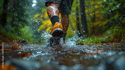 Adventurous runner splashing through a stream on a forest trail, feeling alive and invigorated by the natural surroundings.